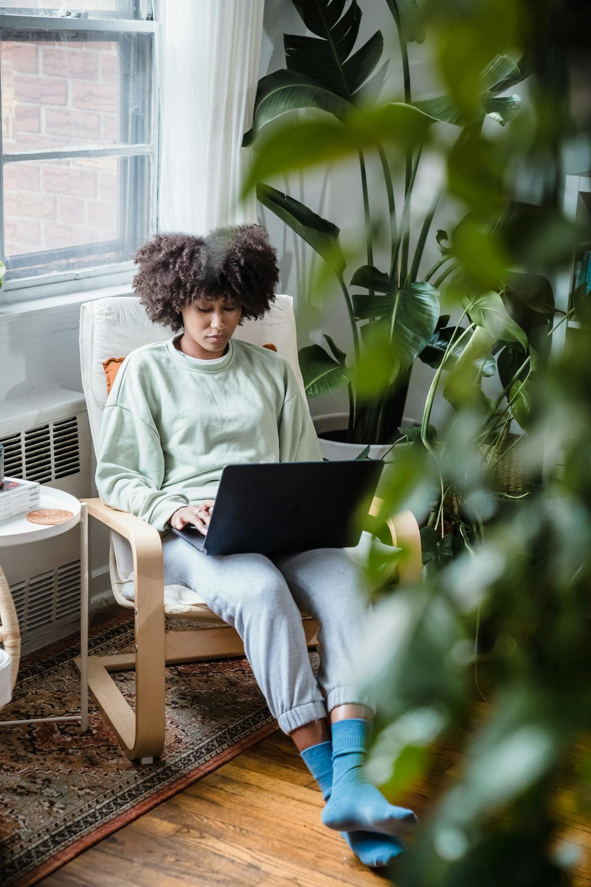 Woman working home laptop remote