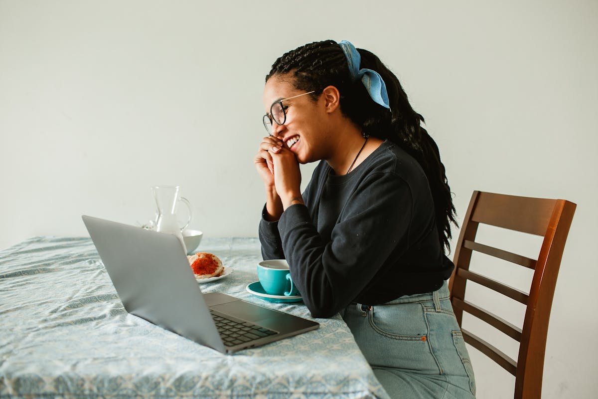Woman working home laptop remote
