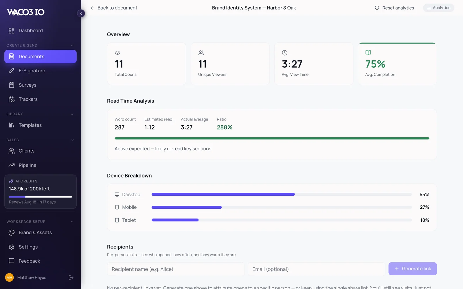 Waco3 engagement analytics for a sent proposal