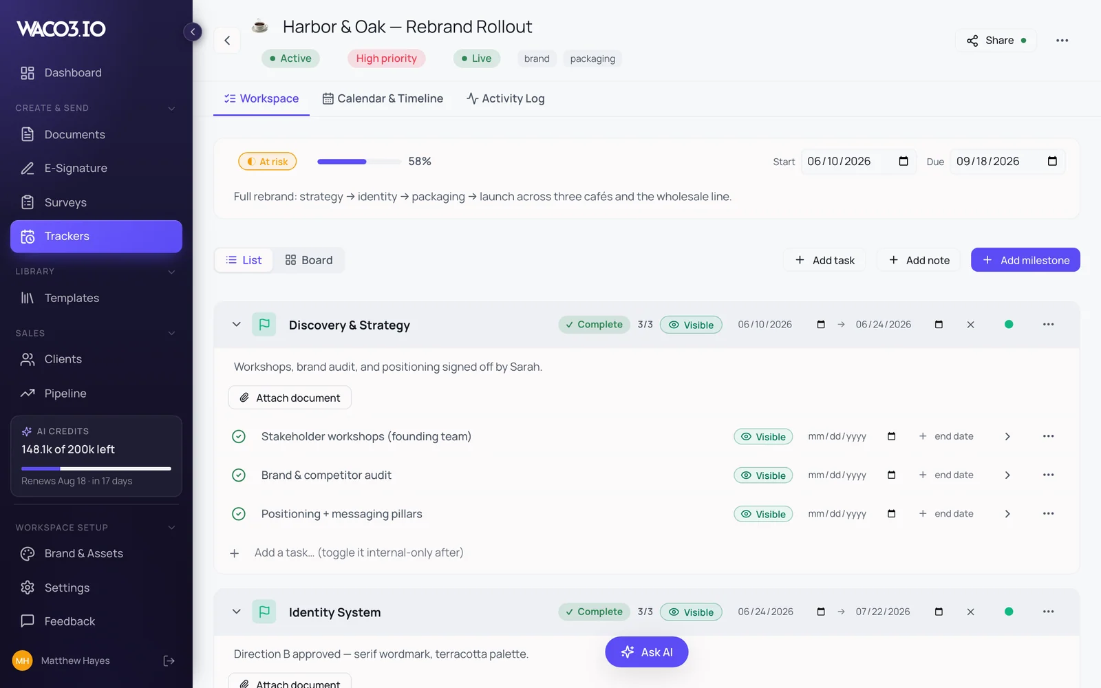 Milestones, tasks, and exactly what the client can see.