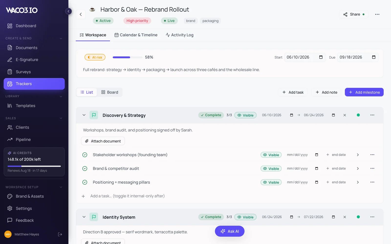 A Waco3 client tracker with milestones, tasks and visibility toggles