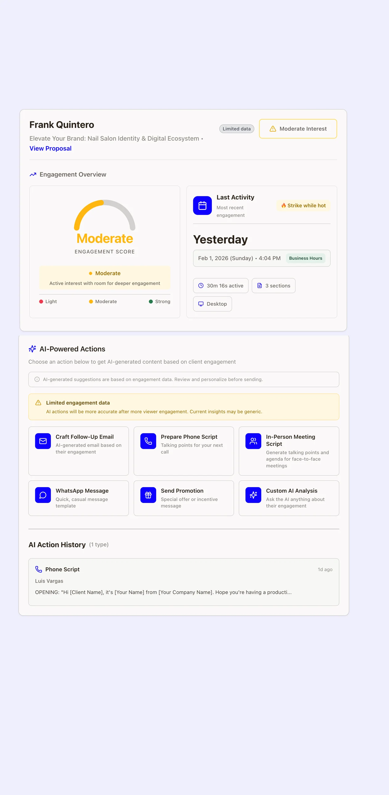 Waco3 analytics dashboard showing proposal engagement metrics